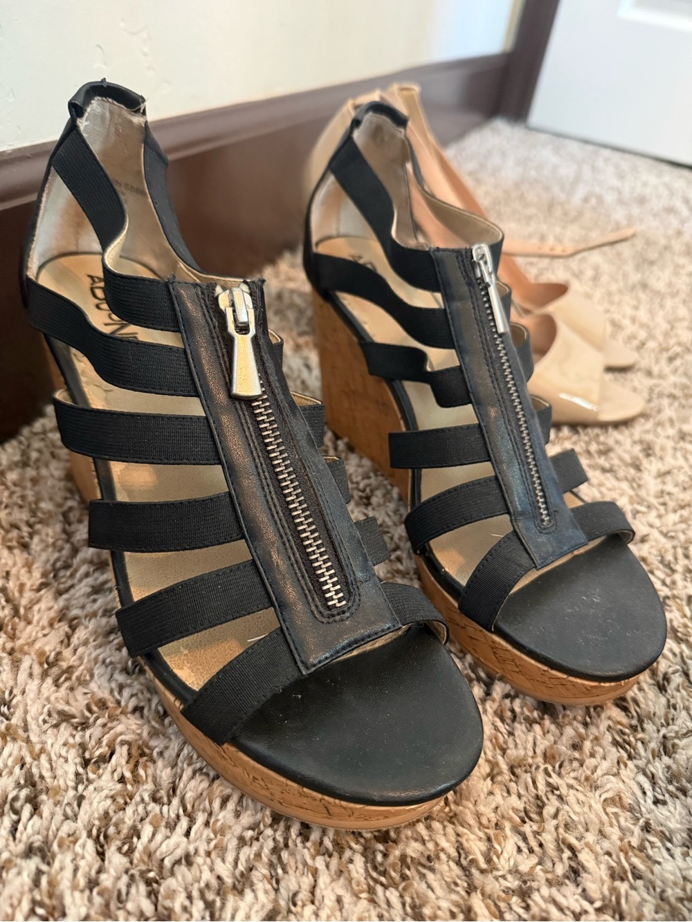 Abound Black Strappy Cork Wedge Sandals with Front Zip